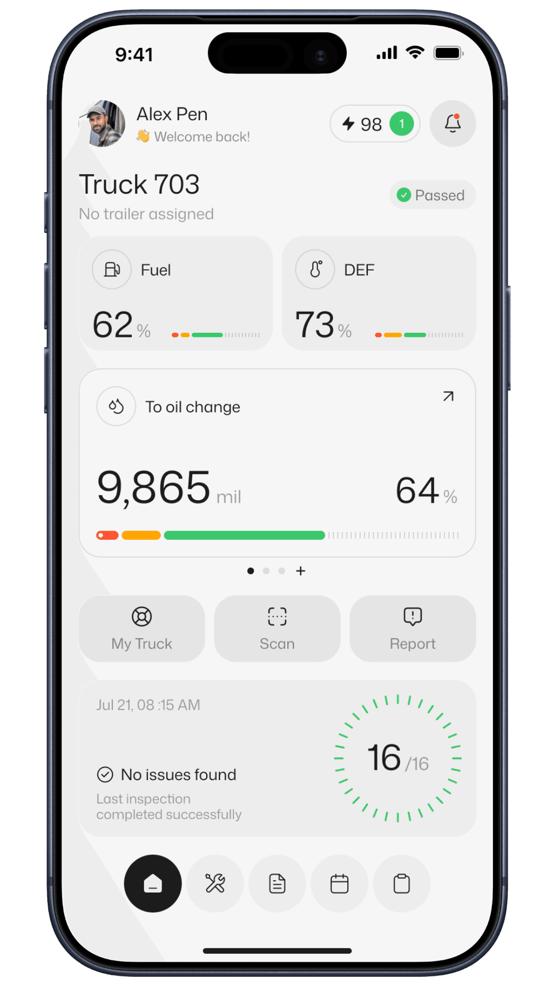 GlobalFleet moPTI app home screen showing today's inspection status, fuel and DEF levels, and open alerts